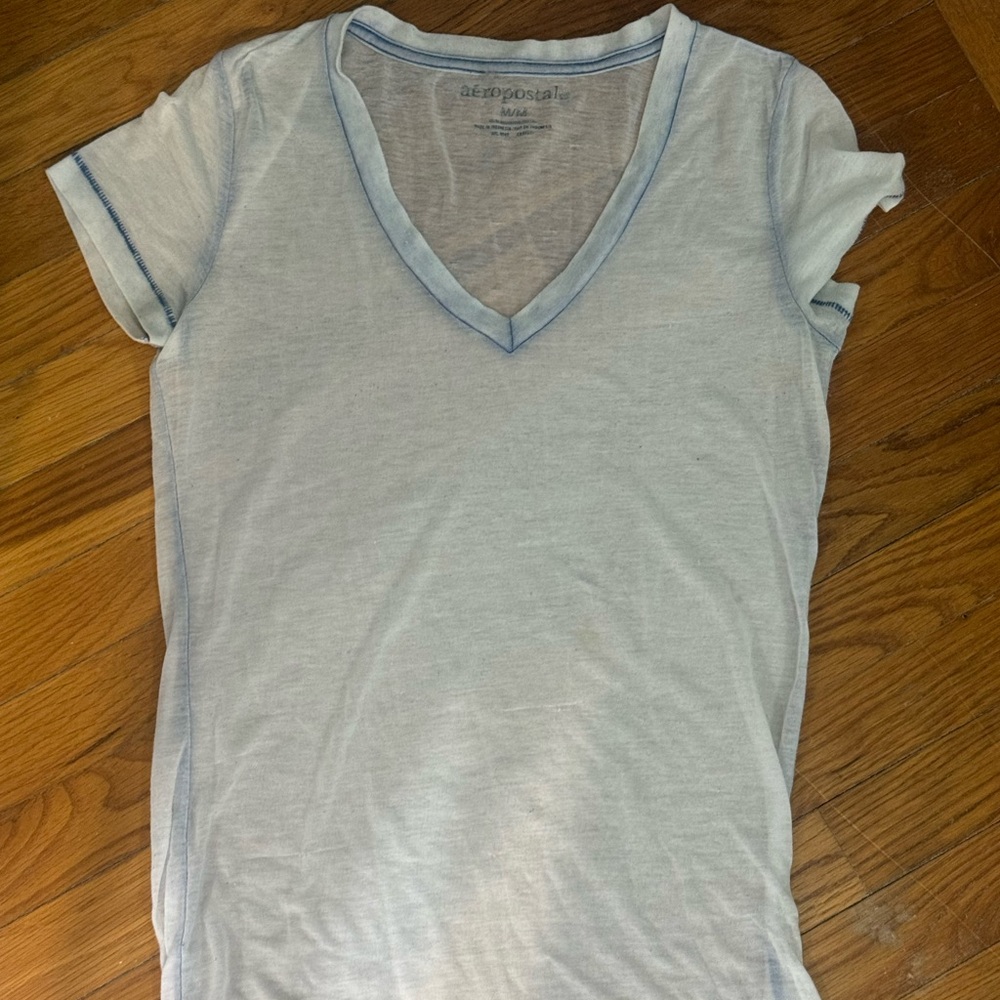 Aeropostale Sheer Pale Blue Women's V-Neck Short Sleeve Tee